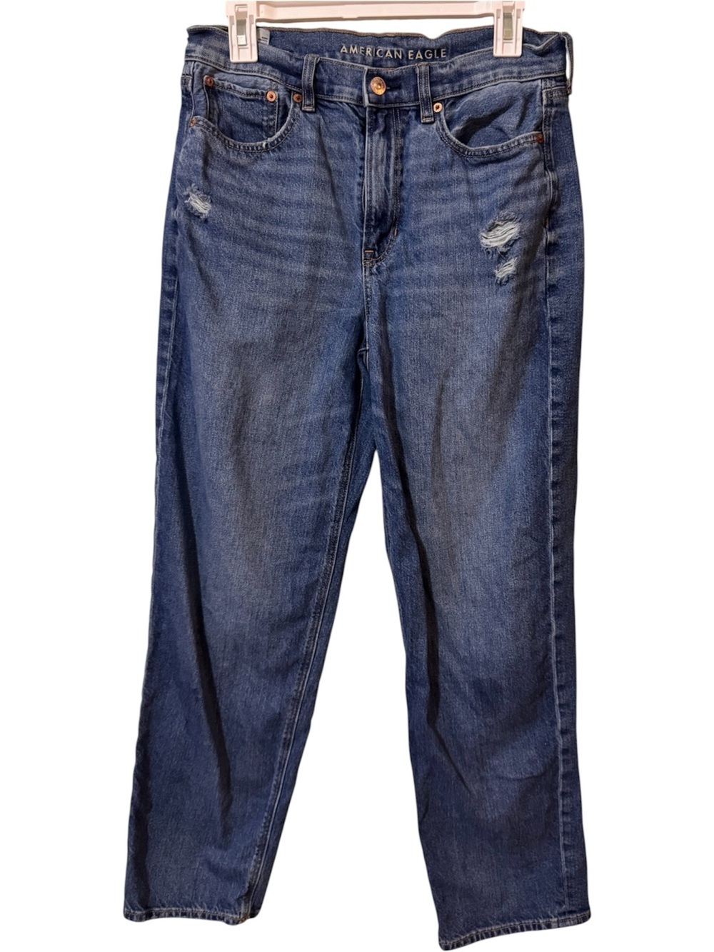 American Eagle Outfitters Super High-Rise Baggy Straight Jeans Blue Distressed 8